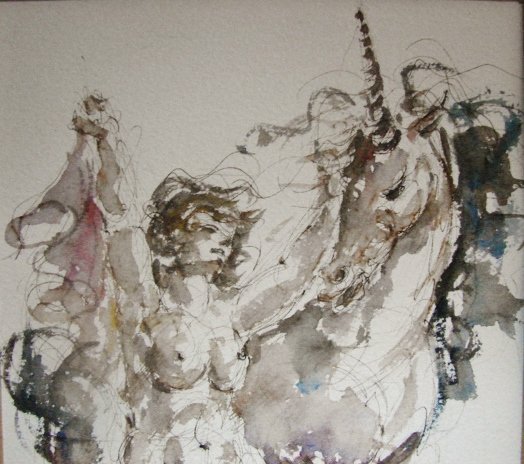 Ink and Watercolor Nude with Unicorn - Charles Burdick