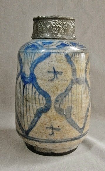 17th Century Safavid Ceramic Jar with Bronze Incised Neck