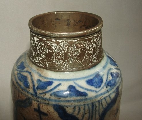 17th Century Safavid Ceramic Jar with Bronze Incised Neck