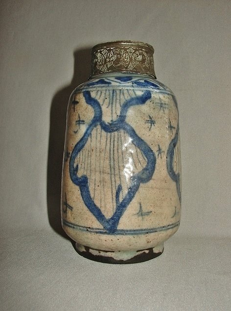 17th Century Safavid Ceramic Jar with Bronze Incised Neck