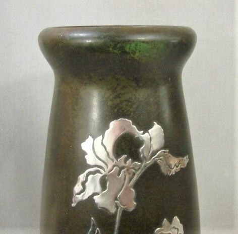 Large 11 3/3&quot; Heintz Art Metal Vase -Bronze Verde Silver Iris - 1905
