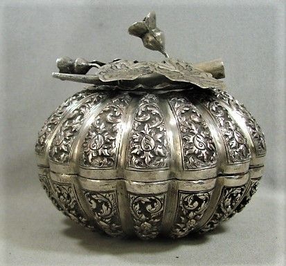 Isamic/Persian Silver Melon Shaped Box with Floral Finial - 19th Cent.
