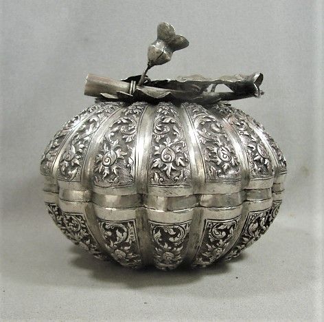 Isamic/Persian Silver Melon Shaped Box with Floral Finial - 19th Cent.