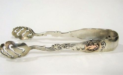 Rare Shiebler Sugar Tongs - Medallion and Etruscan 14k and Sterling