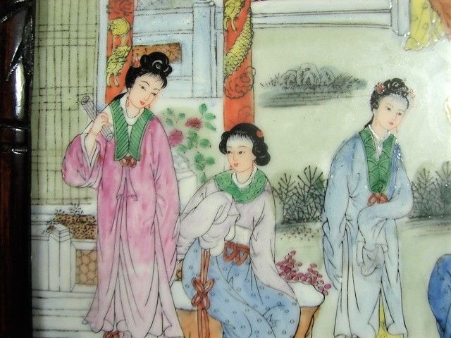 Qing Framed Porcelain Panel Women in Landscape