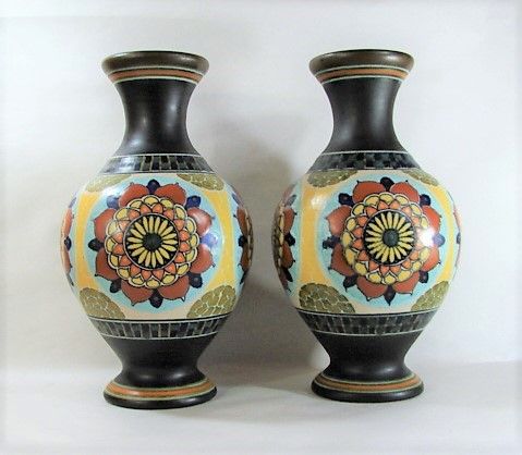12&quot; Pair Gouda Vases - Matte Glaze - Striking Design