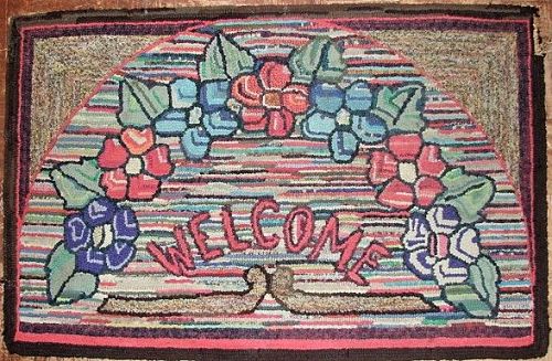 Folky Welcome Hooked Rug - Vintage - Roses and Tweed
