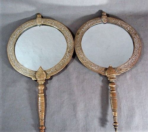 Pair Tiffany Bronze Alhambra Mirrors - Handled with Hanging Loops -14"