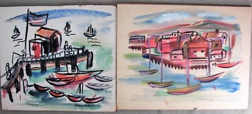 Helen Malta Pair of Boat Scenes - Watercolor and Ink - WPA Era - NYC