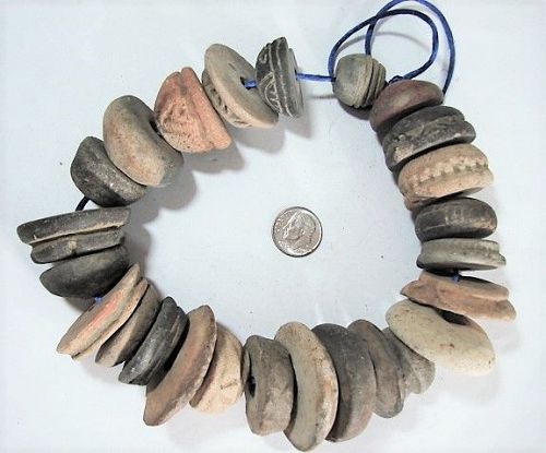 25 Precolumbian Pottery Spindle Whorls, Incised, Varying Colors