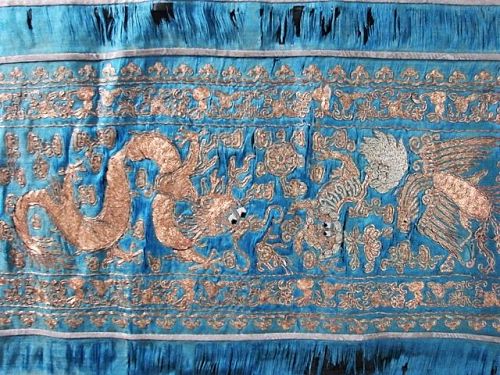 Qing Gold Thread Embroidered Panel of Dragons, Lions, Birds, Pearls