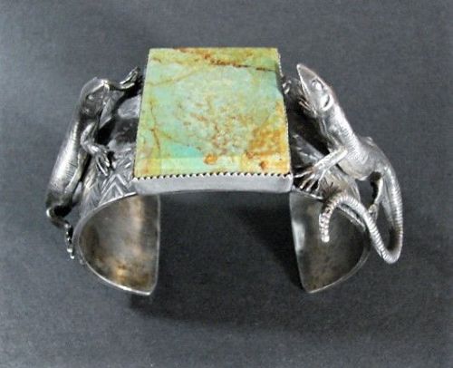 Huge Navajo Bracelet by Rick Enriquez, Silver, Lizards, Turquoise 1975