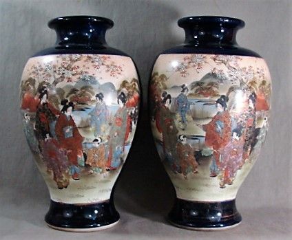 12" Pair Satsuma Cobalt Vases with Figures in Landscape Shimazu