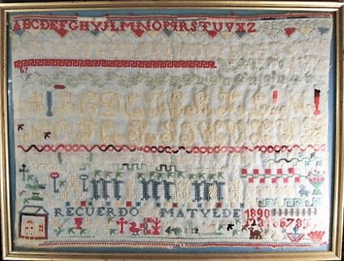 Latin American Sampler, Cross Stitch with Figures, 19th Century Signed