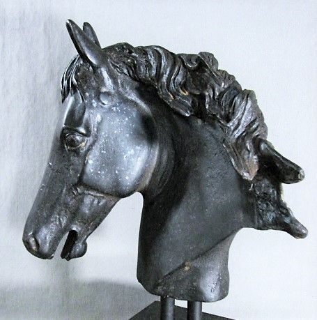 Cast Iron Sculpture of Horse Head, Mounted on Black Marble Plinth