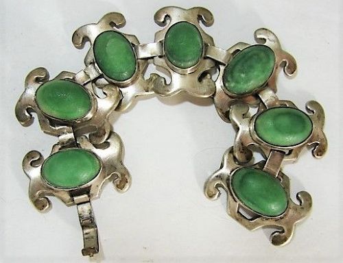 ca 1940 Sterling Mexico Bracelet with Green Stones, Strong Design