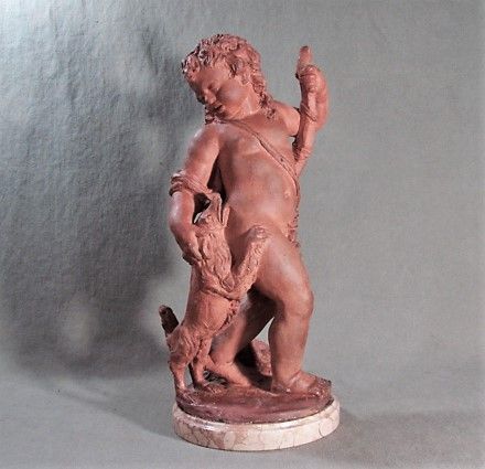 Antique Terracotta Putti with Dog on Marble Base, 19th Century