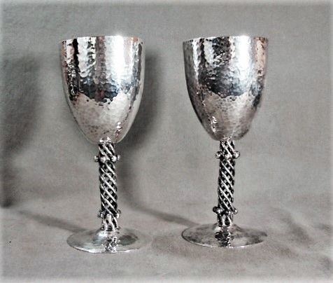 Pair Hammered Taxco Goblets by Emilia Castillo, Twisted Stems