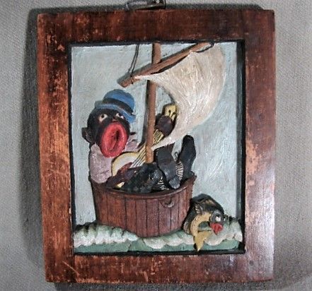 WPA Era Folk Art Plaque, African American in Sail Boat, Waves and Fish