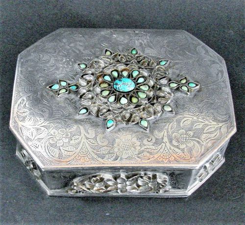 Silver/Turquoise Pandan Box, Raised Floral Designs, Turqoise Inlay