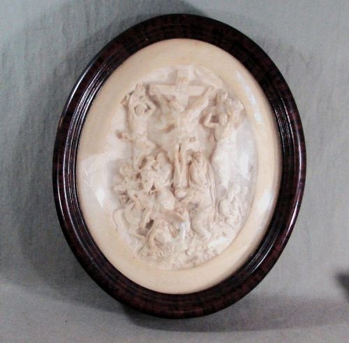 16" Meerschaum Carving of Crucifixion in Paint Decorated Frame