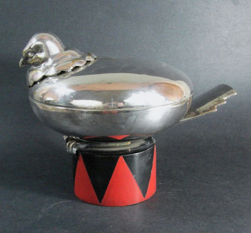 French Art Deco Silver Plate Dove Box on Enamel Stand