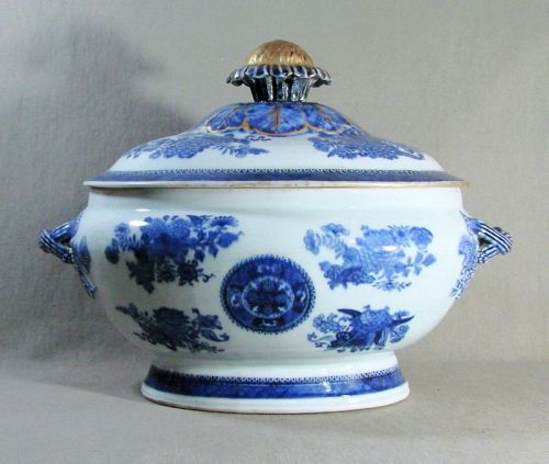 Antique Nanking Tureen Blue Floral Gilt Accents ca 1850