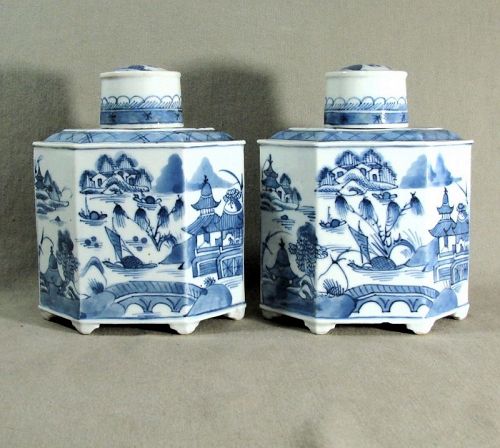 Pair Canton Porcelain Tea Caddies, Hexagonal Shape, Original Lids