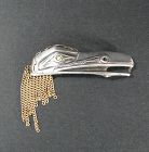 Northwest Coast Sterling Raven Brooch, Artist Signed, Gold Chain Fring