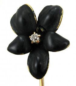Diamond & Black Enamel Flower Stick Pin