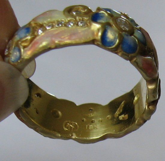 Diamonds &amp; Enamel Flowers – 18k Nouveau-Style Ring