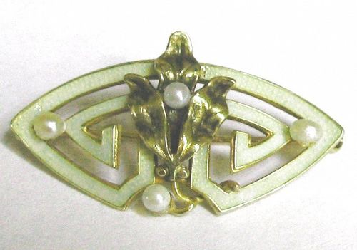 WHITESIDE & BLANK? Enameled Gold Pin with Pearls