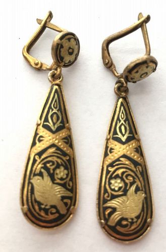 Damascene Bird & Flower Earrings – Black Enamel