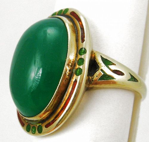 Green Chalcedony Enamel 14k Ring
