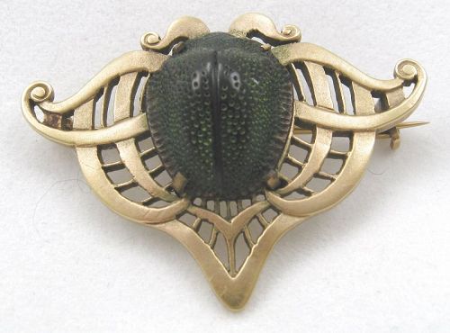 14kt Victorian/Nouveau Green Scarab Beetle Brooch