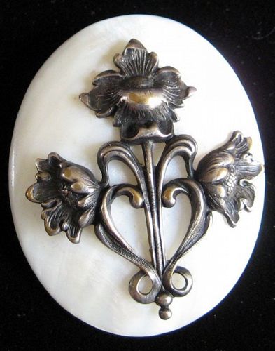 Silver Poppies on Mother of Pearl Brooch
