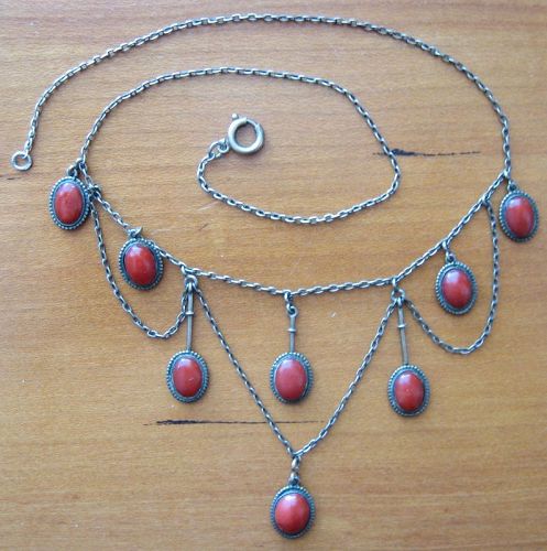 Ox Blood Coral Silver Jugendstil Necklace - Arts & Crafts