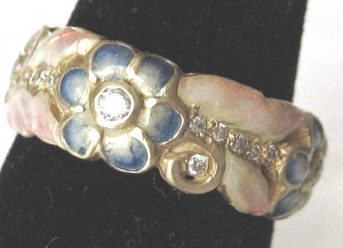 Diamonds & Enameled Flowers – 18k Nouveau-Style Ring