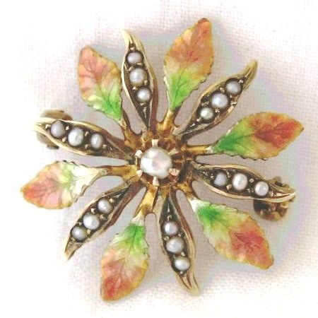 Enameled Flower Pin with Pearls by Klitz