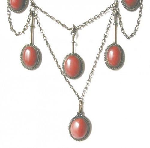 Ox Blood Coral Silver Necklace Secessionist/Arts & Crafts