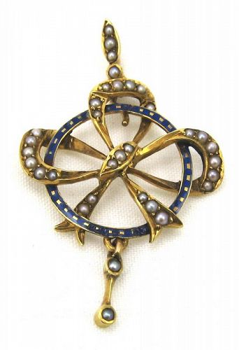 15kt Blue Enamel Bow Pendant - English