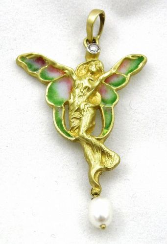 Plique a Jour Enamel Diamond Fairy Pendant–Art Nouveau Style