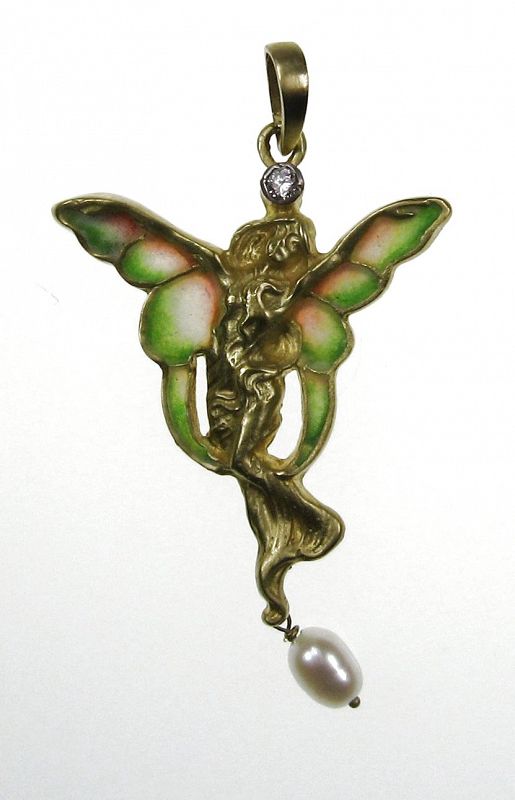 Plique a Jour Enamel Diamond Fairy Pendant–Art Nouveau Style