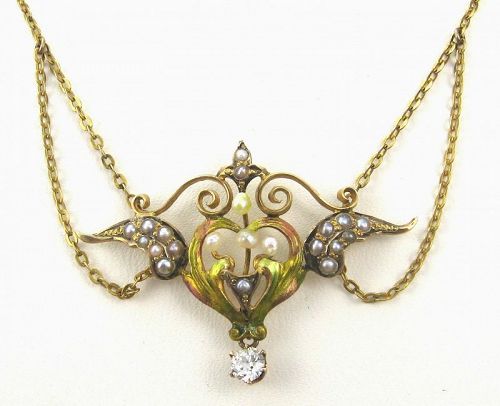 Diamond Pearl Enamel Winged-Heart Necklace 14kt