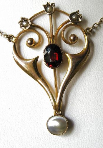Garnet & Pearl 9kt Gold Art Nouveau Necklace from England