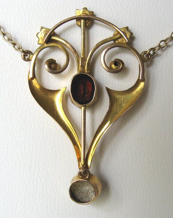 Garnet &amp; Pearl 9kt Gold Art Nouveau Necklace from England