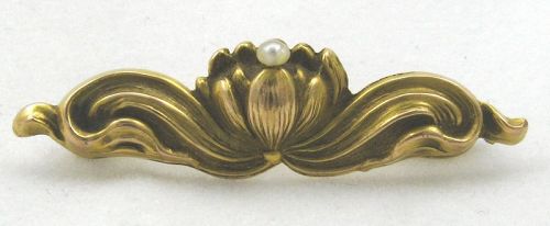10k Water Lily or Lotus Pin with Pearl – Art Nouveau