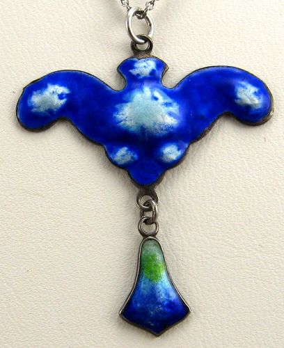 Blue & Green Enamel Sterling Pendant – Arts & Crafts