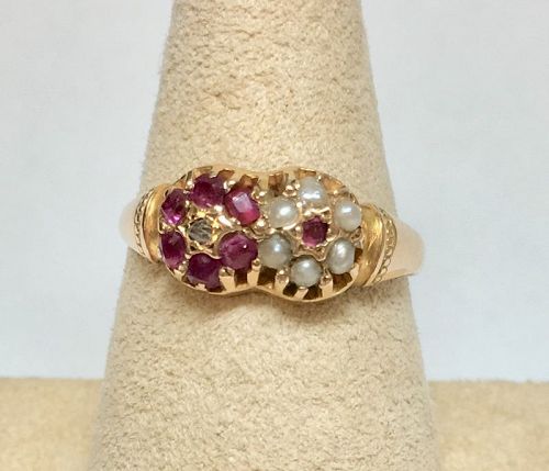 15kt Gold Ruby & Seed Pearl Ring – England 1877