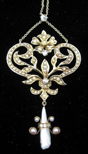 Art Nouveau Diamond Pearl Necklace